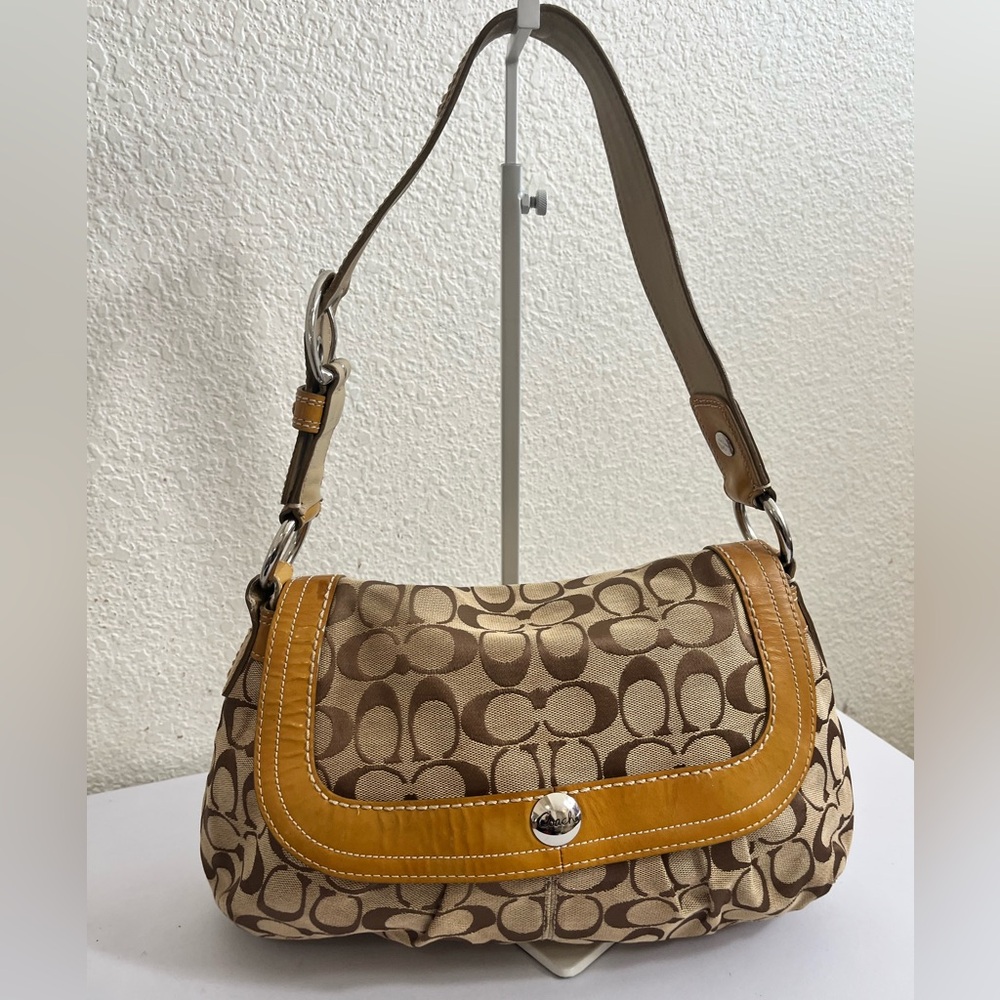 Coach Brown Signature Canvas Shoulder Bag with Tan Trim